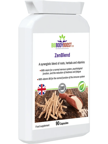 BioBodyBoost ZenBlend Ashwagandha complex supplement in a bottle with 90 capsules for wellness support