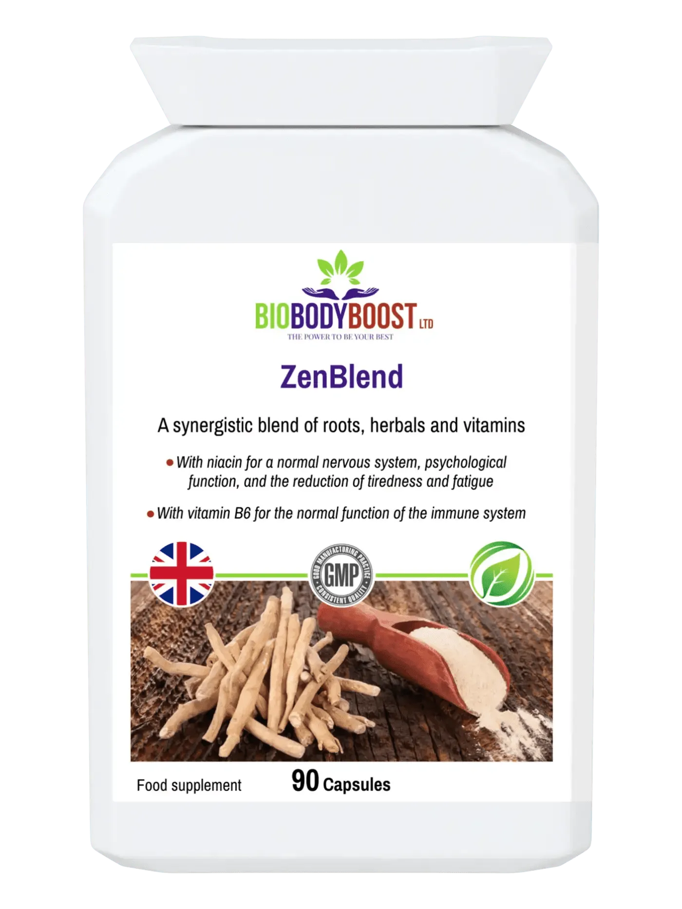 BioBodyBoost ZenBlend Ashwagandha complex supplement in 90 capsules for stress relief and energy support
