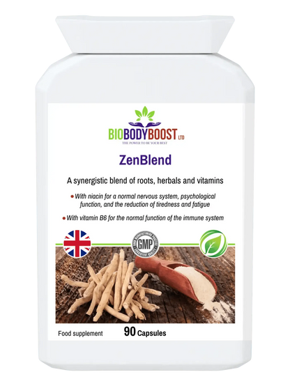 BioBodyBoost ZenBlend Ashwagandha complex supplement in 90 capsules for stress relief and energy support