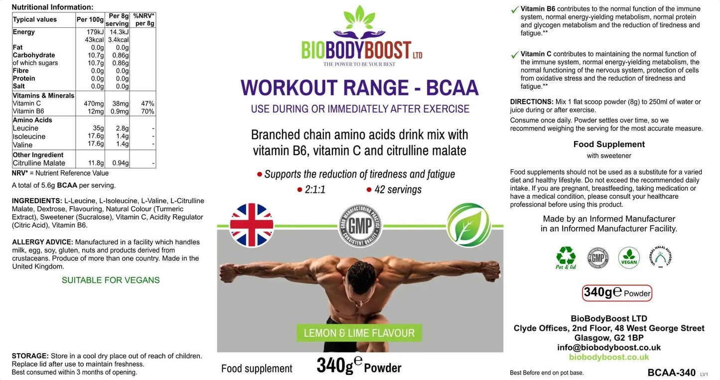 BioBodyBoost BCAA Amino Acids Drink Mix in Lemon and Lime Flavor for Post-Workout Recovery