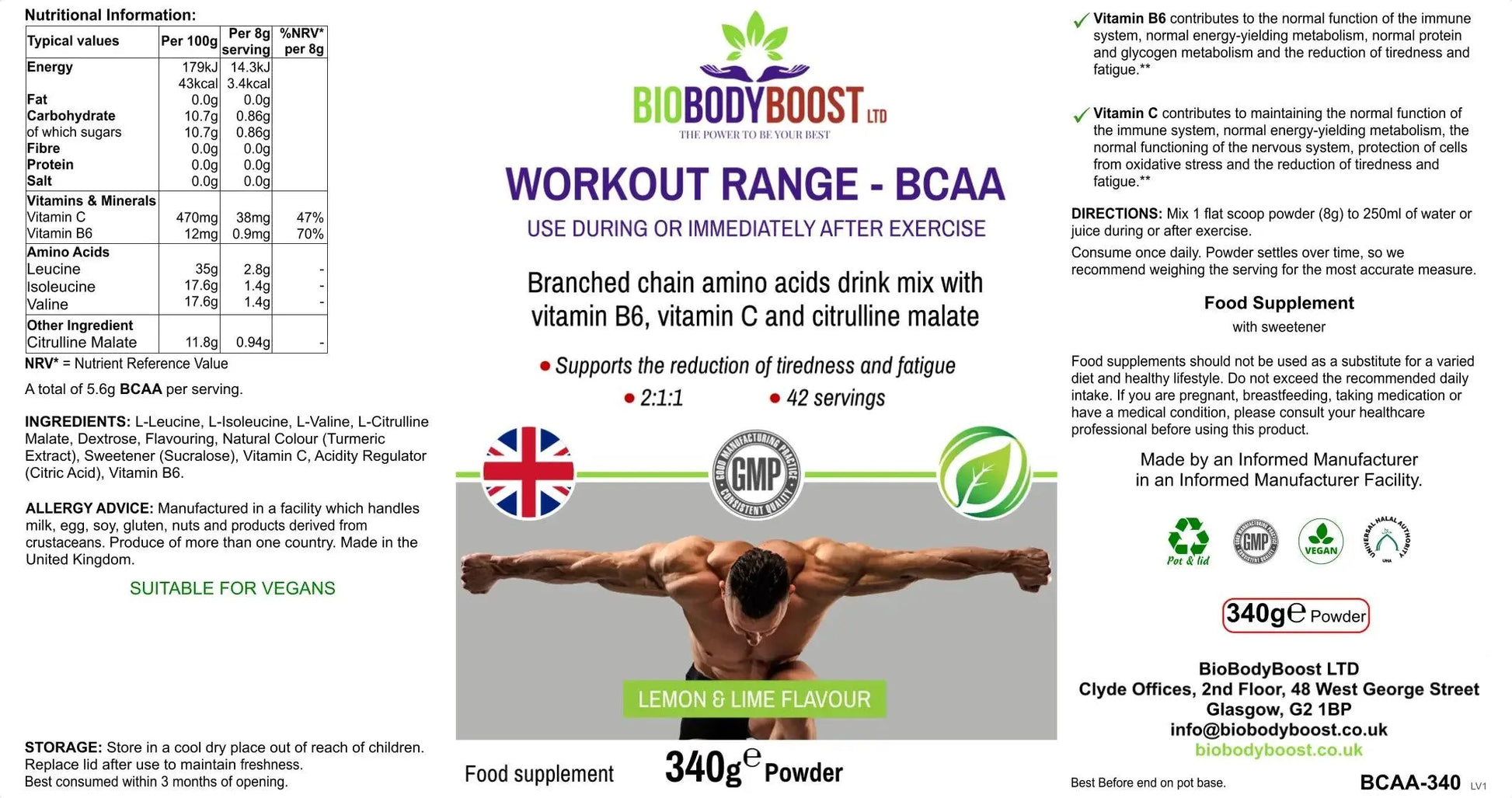 BioBodyBoost BCAA Amino Acids Drink Mix in Lemon and Lime Flavor for Post-Workout Recovery