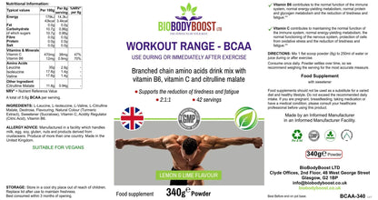 BioBodyBoost BCAA Amino Acids Drink Mix in Lemon and Lime Flavor for Post-Workout Recovery