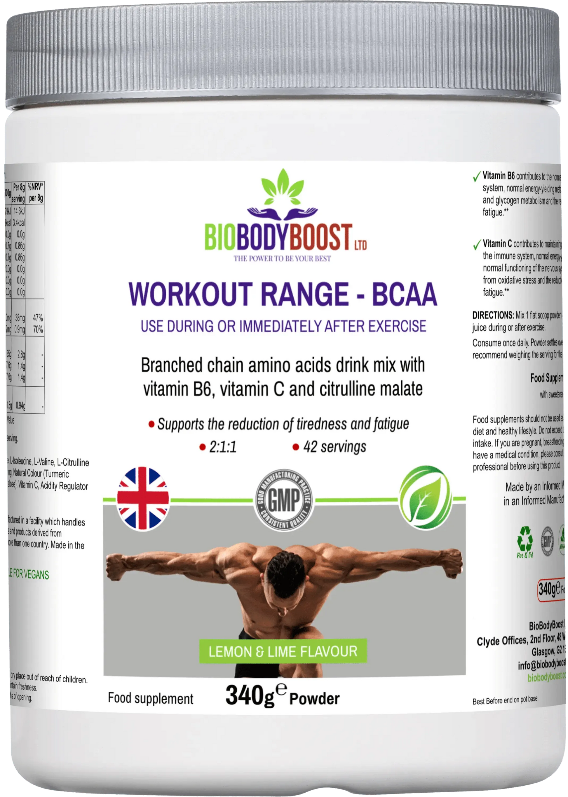 BioBodyBoost BCAA Amino Acids Drink Mix in Lemon and Lime Flavor for post-exercise recovery