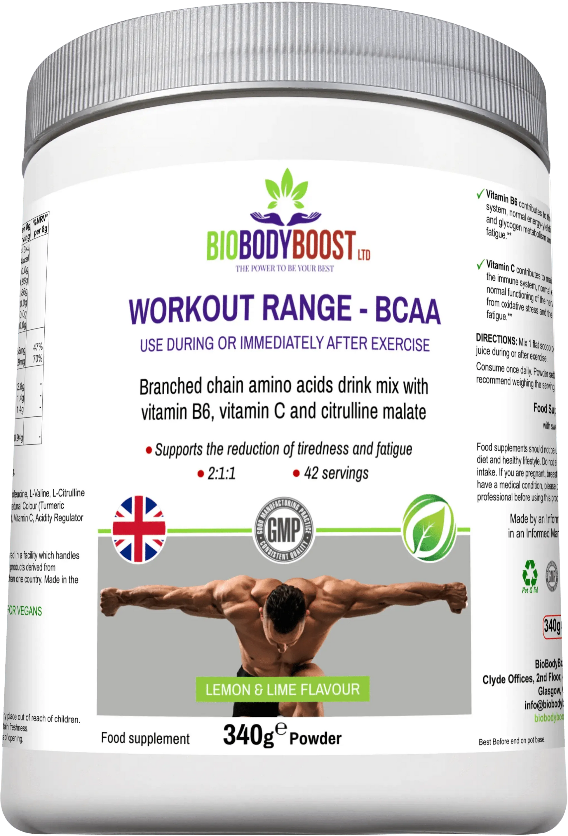 BioBodyBoost BCAA Amino Acids Drink Mix in Lemon and Lime Flavor for post-workout recovery and fatigue support