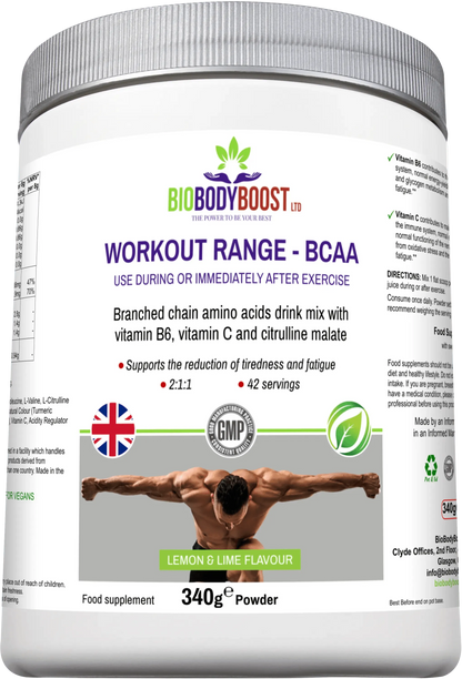 BioBodyBoost BCAA Amino Acids Drink Mix in Lemon and Lime Flavor for post-workout recovery and fatigue support
