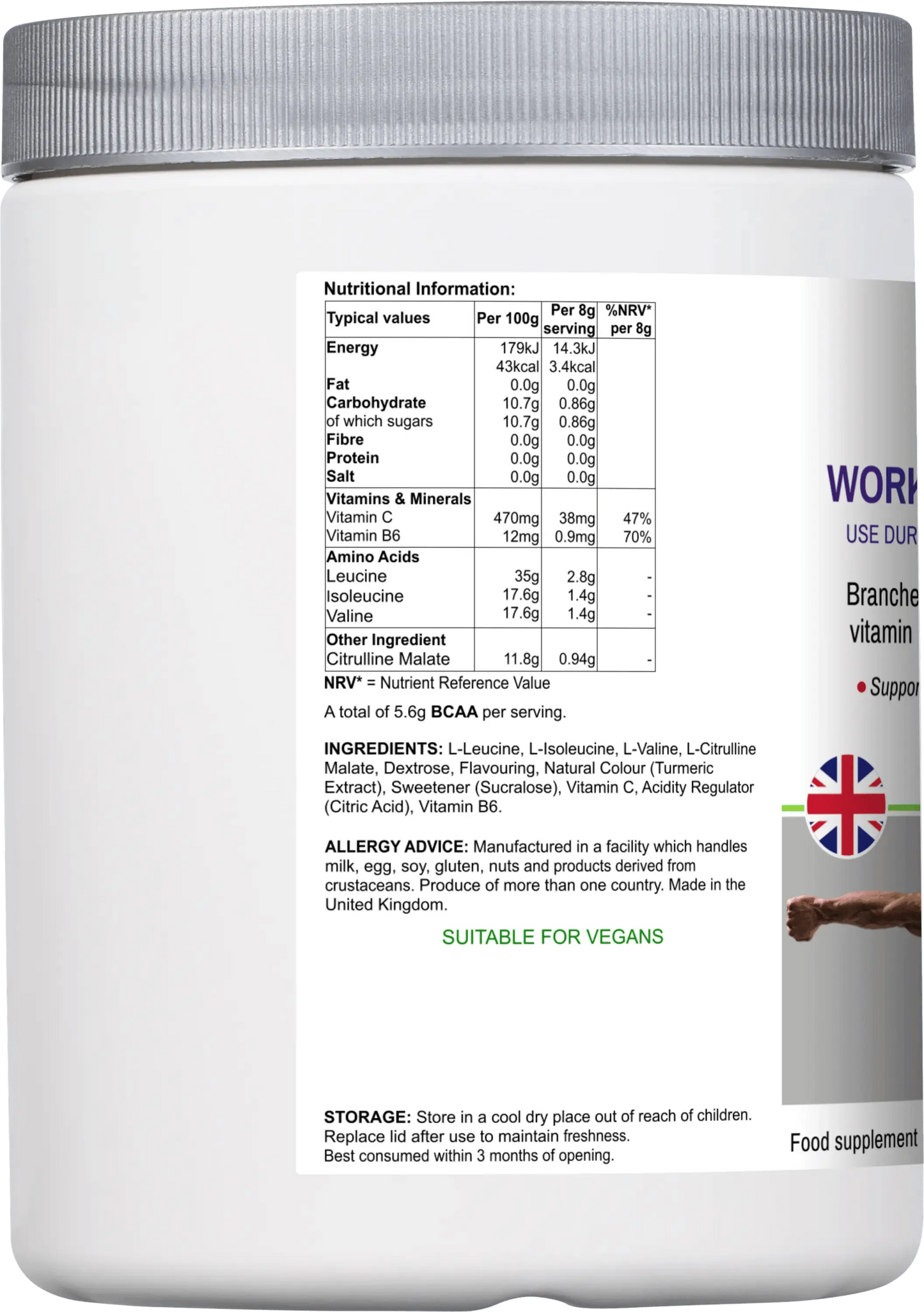 BioBodyBoost BCAA Amino Acids Drink Mix in a white container with nutritional information on label