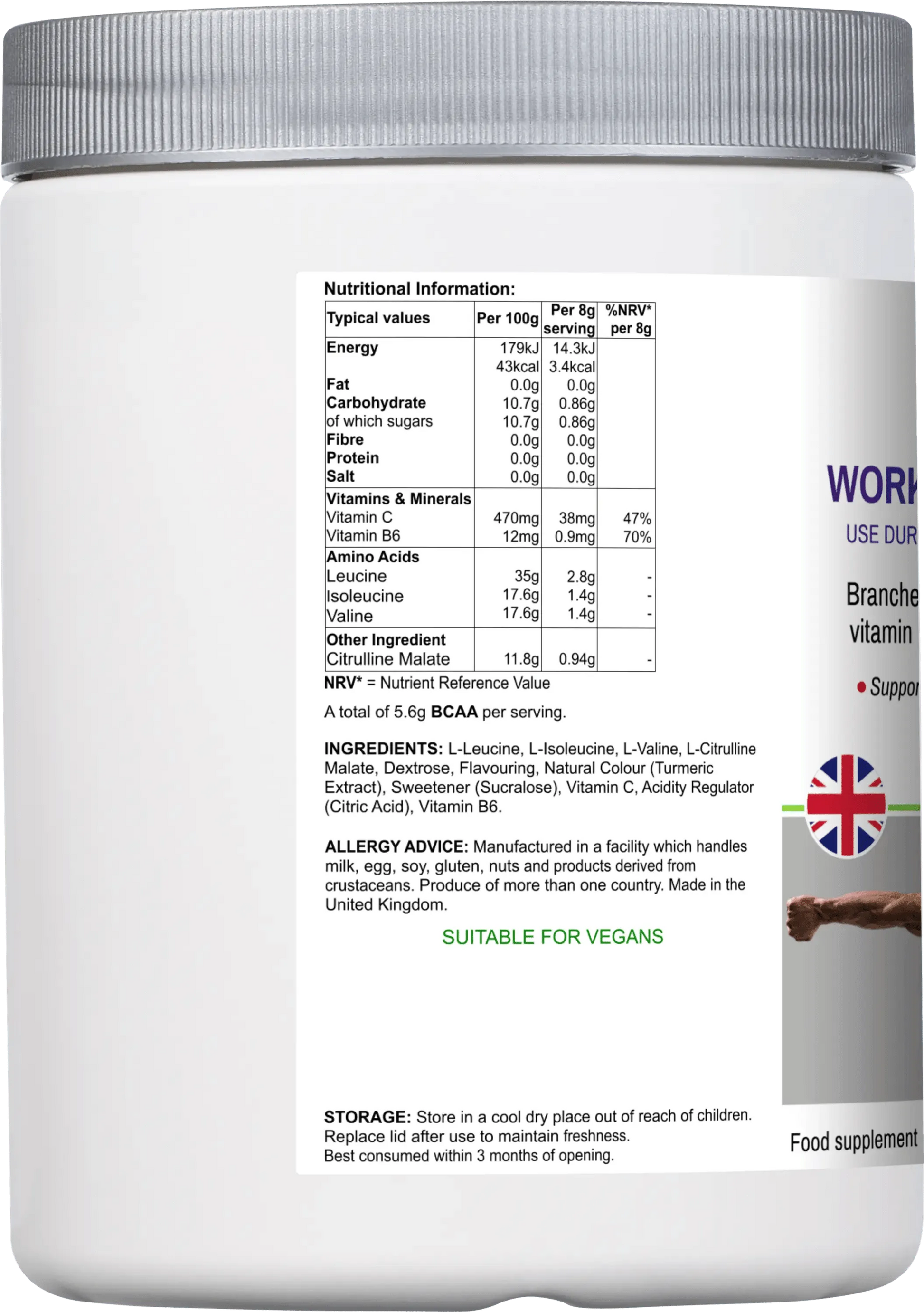 BioBodyBoost BCAA Amino Acids Drink Mix in a white container with nutritional information on label