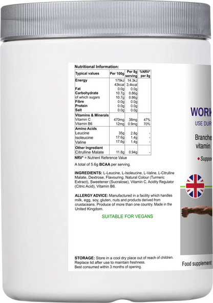 BioBodyBoost BCAA Amino Acids Drink Mix in a white container with nutritional information on label