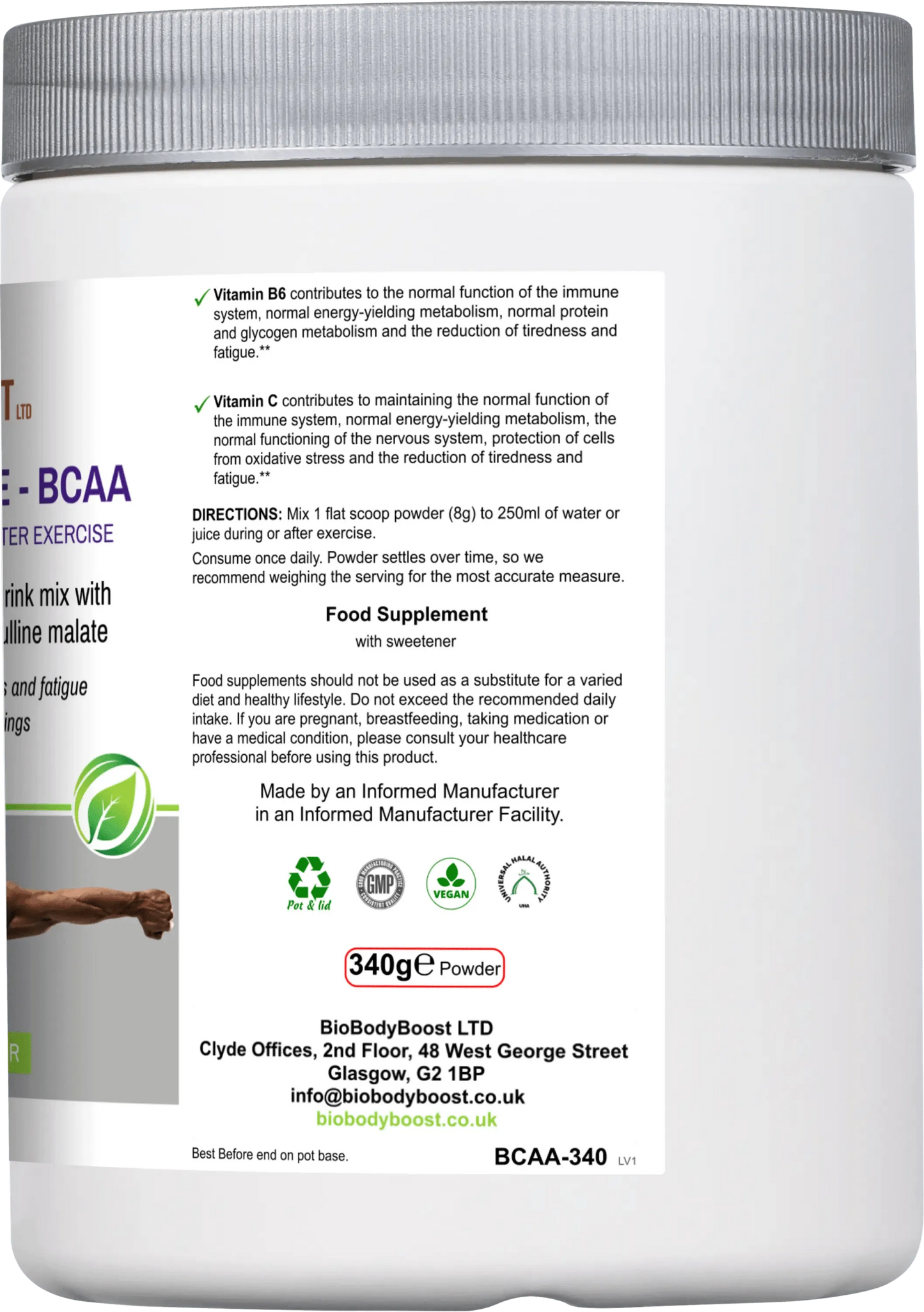 BioBodyBoost BCAA Amino Acids Drink Mix in a Powder Container for Muscle Recovery and Energy