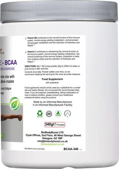 BioBodyBoost BCAA Amino Acids Drink Mix in a Powder Container for Muscle Recovery and Energy