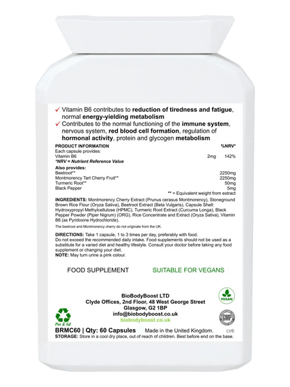 BioBodyBoost Beetroot Cherry Supplement Bottle with Nutritional Information and Vegan Label