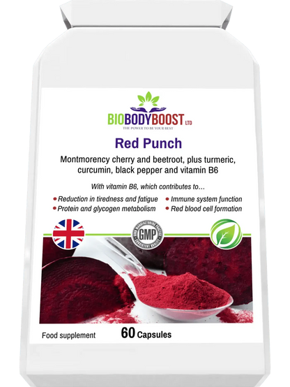 BioBodyBoost Red Punch Food Supplement with Beetroot Cherry Supplement and Vitamin B6 for Energy and Immune Support
