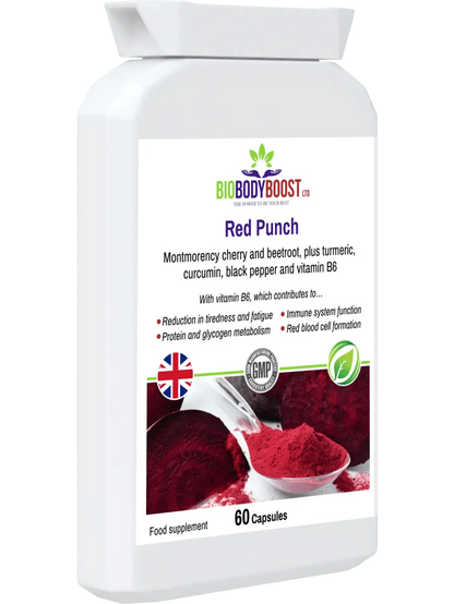 BioBodyBoost Red Punch Food Supplement featuring beetroot cherry supplement in capsule form for energy and immunity