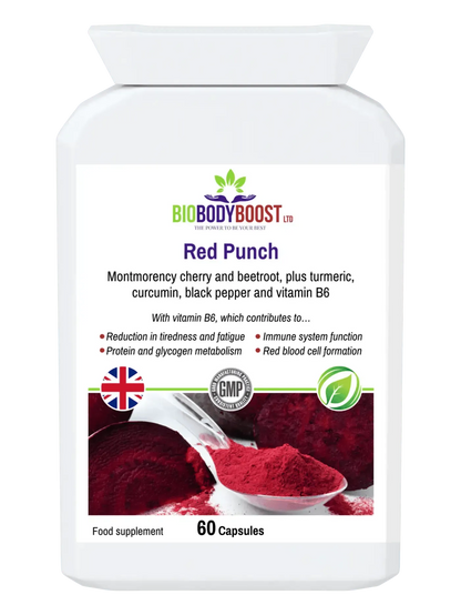 BioBodyBoost Red Punch Beetroot Cherry Supplement in capsule form for energy and recovery