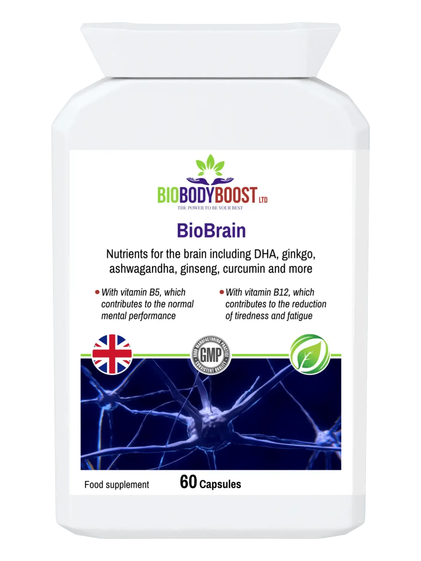 BioBrain - Natural Nootropics Supplement by BioBodyBoost in a 60-capsule bottle for cognitive support