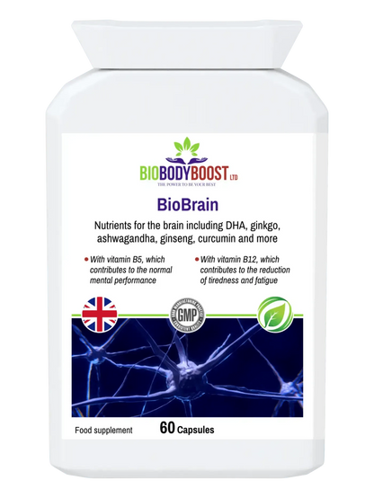 BioBrain - Natural Nootropics Supplement by BioBodyBoost in a 60-capsule bottle for cognitive support