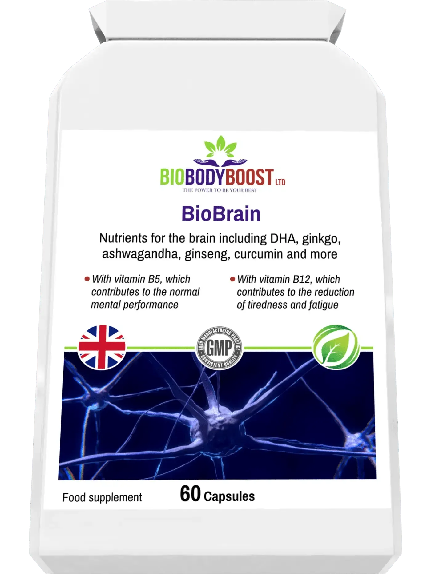 BioBrain - Natural Nootropics Supplement by BioBodyBoost in a 60 capsule package with brain health nutrients
