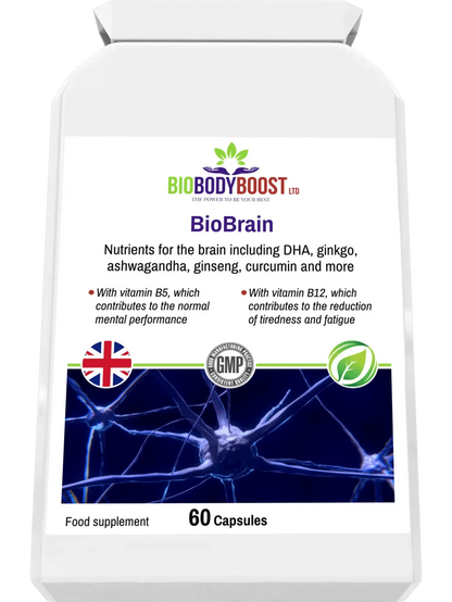 BioBrain - Natural Nootropics Supplement by BioBodyBoost in a 60 capsule package with brain health nutrients