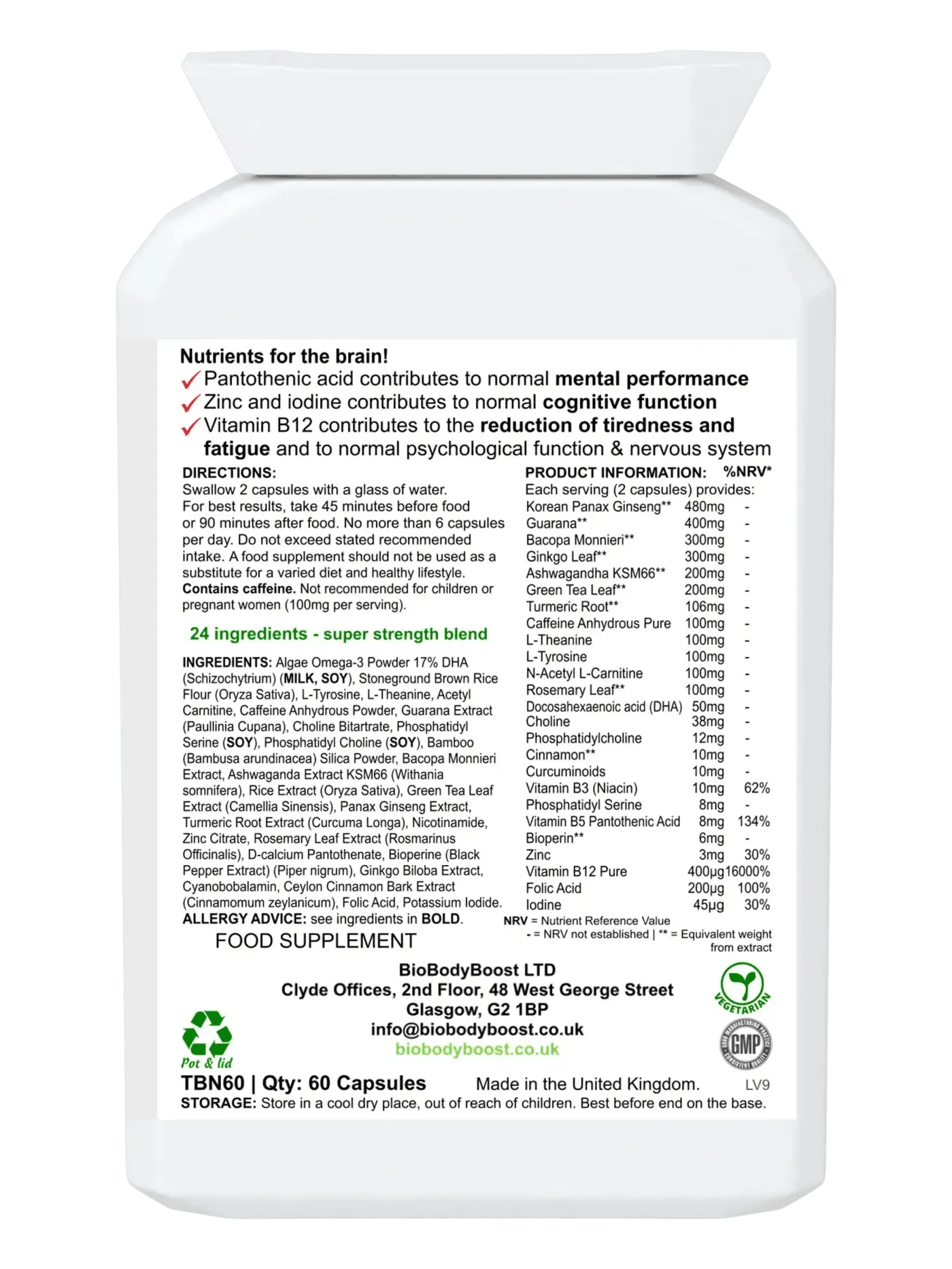 BioBrain - Natural Nootropics Supplement bottle with ingredients and benefits for cognitive support