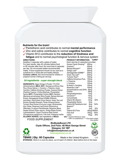 BioBrain - Natural Nootropics Supplement bottle with ingredients and benefits for cognitive support
