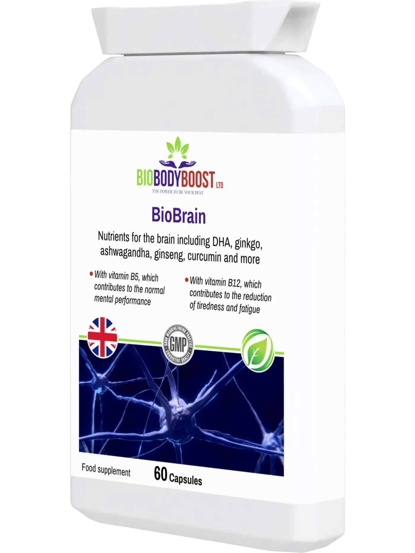 BioBrain - Natural Nootropics Supplement by BioBodyBoost in a 60-capsule bottle for mental performance