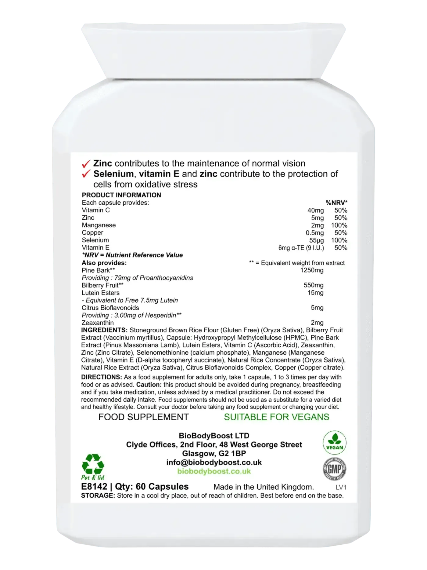 BioEyeNourish - Natural Vision Support Supplement Bilberry Lutein - Back