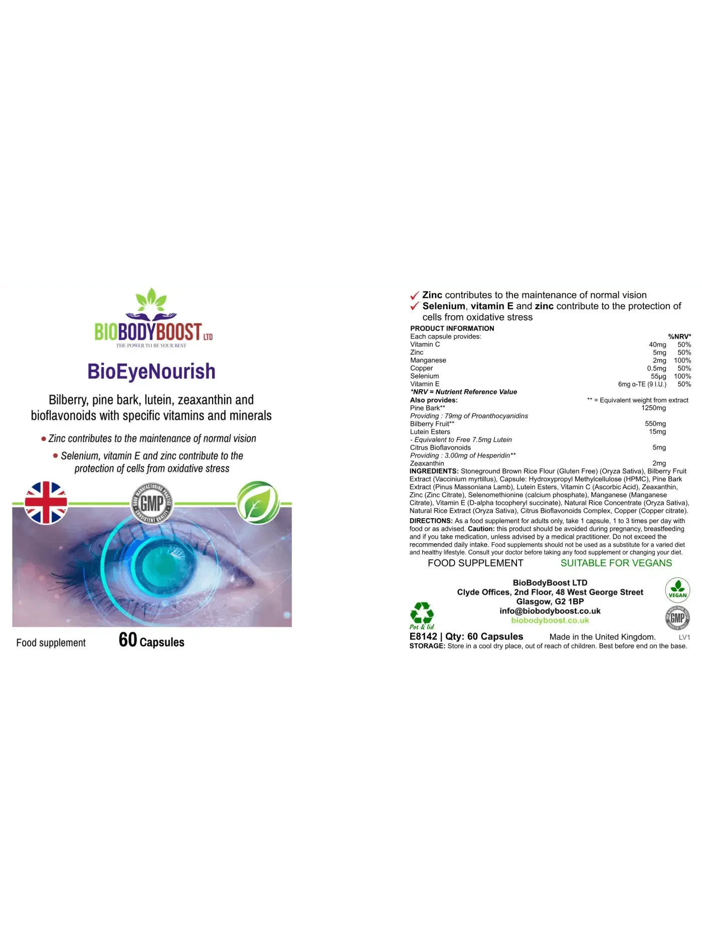 BioEyeNourish - Natural Vision Support Supplement Bilberry Lutein - Label