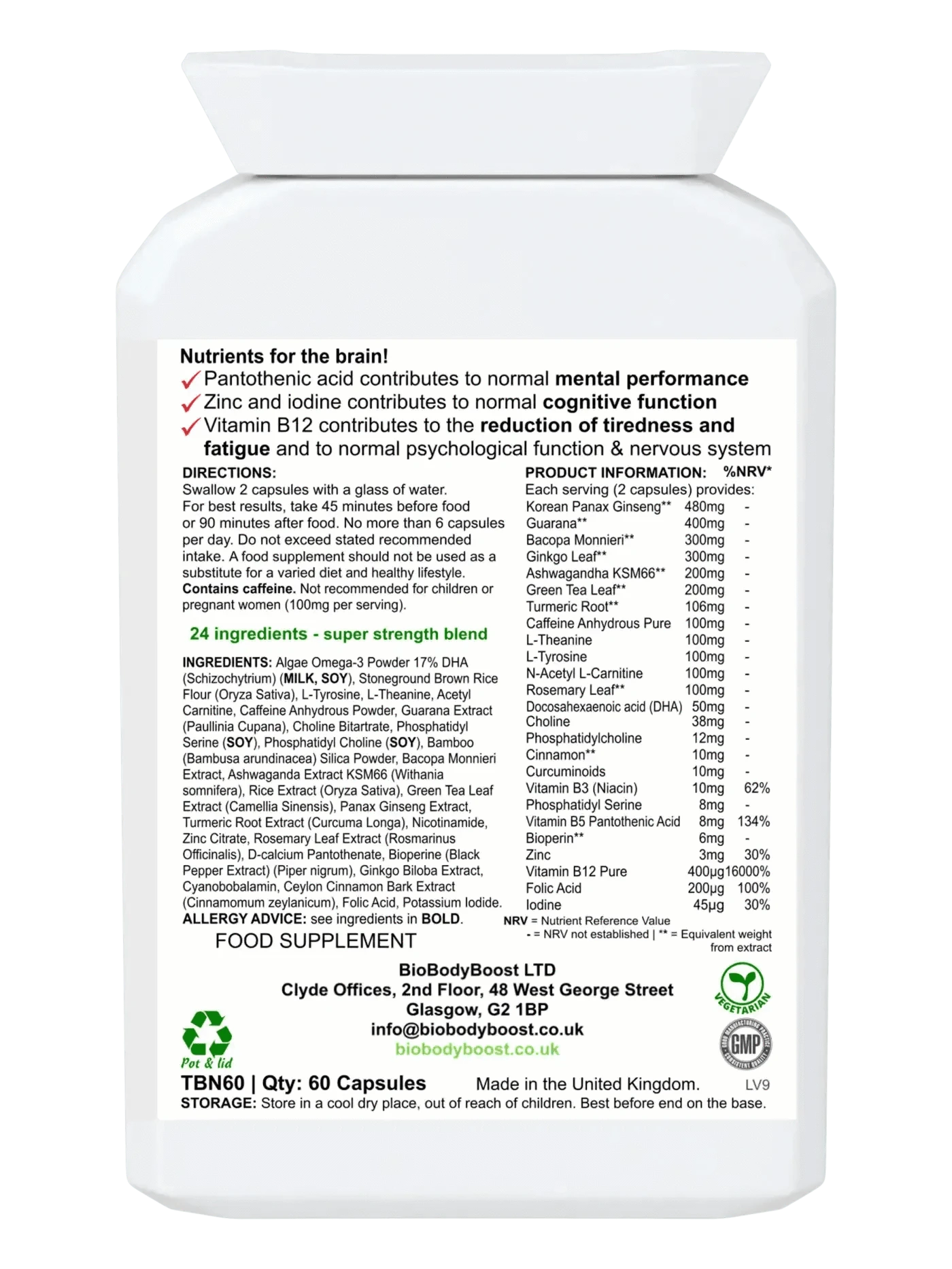 BioBodyBoost Brain Supplements BioBrain - Natural Nootropics Supplement