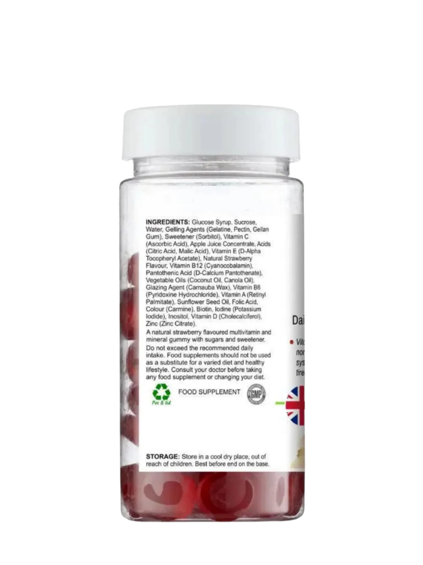 BioBodyBoost Chewable Multivitamins in a clear bottle with detailed nutritional information on the label
