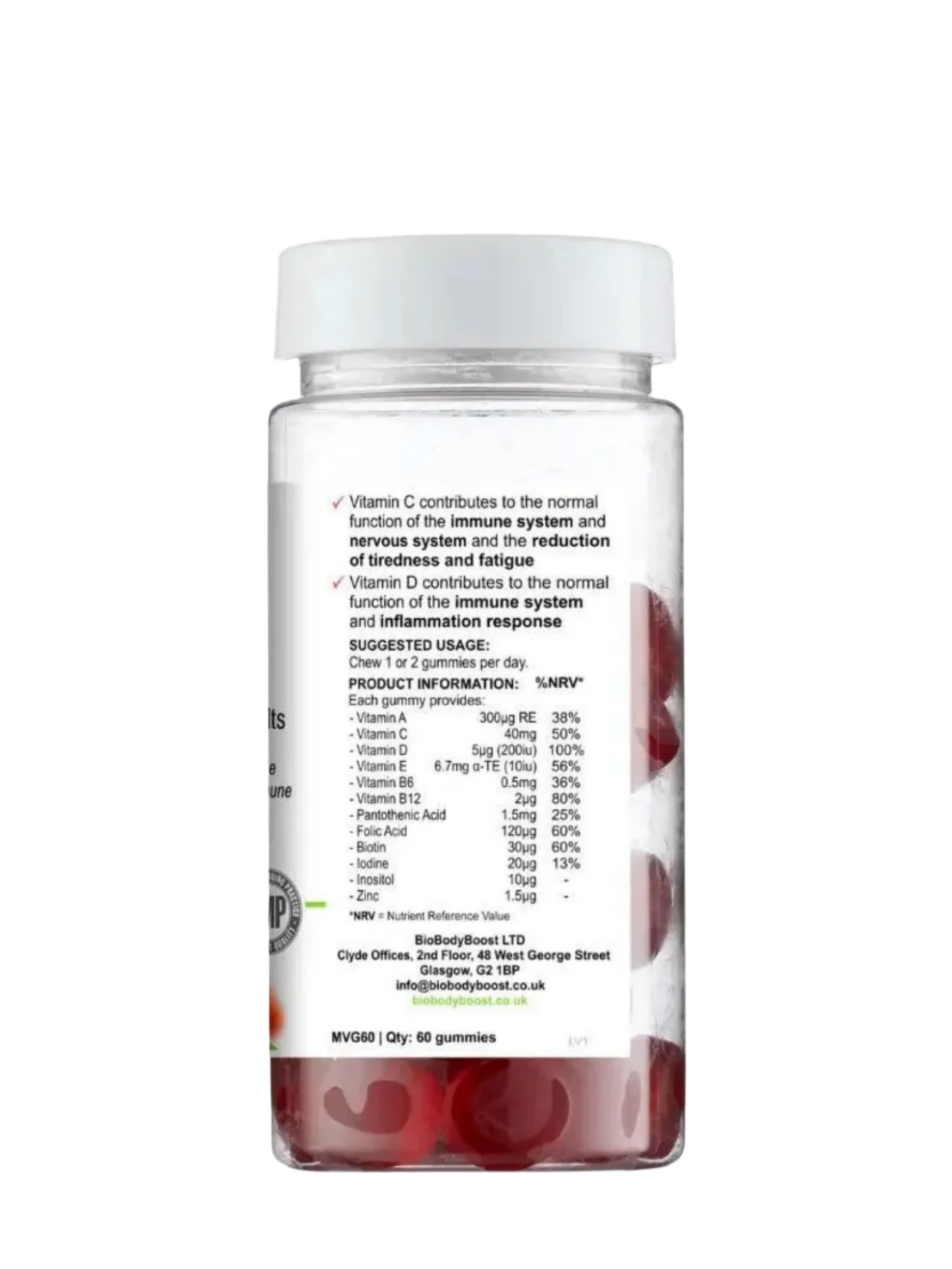 BioBodyBoost Chewable Multivitamins Gummies in a Clear Bottle for Immune Health and Energy Support