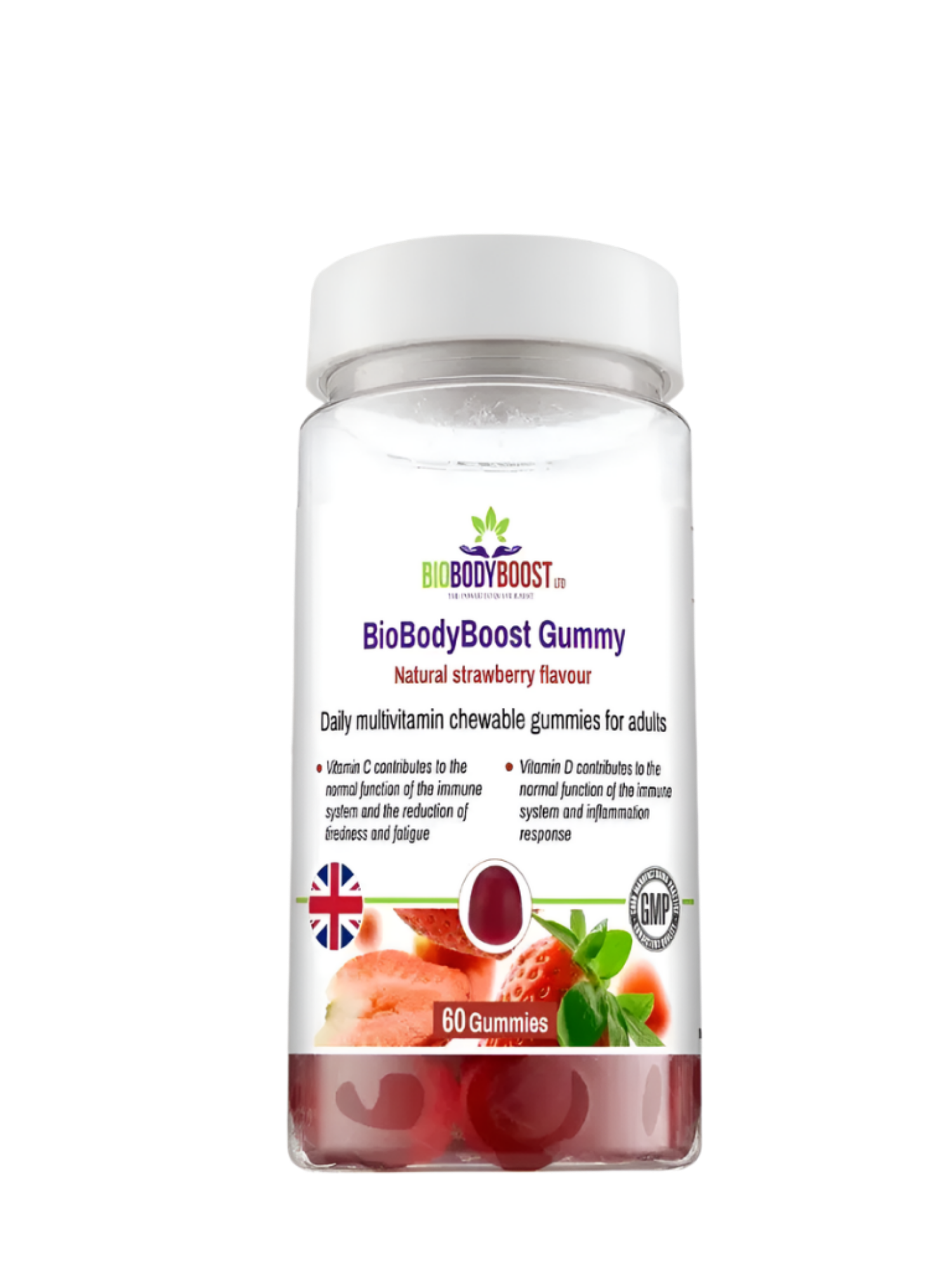 BioBodyBoost Chewable Multivitamins in strawberry flavor for daily health support, 60 gummies per jar