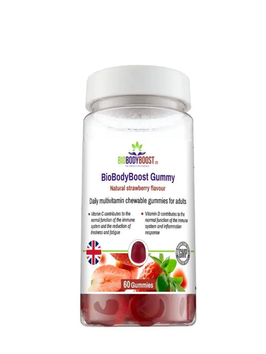BioBodyBoost Chewable Multivitamins in strawberry flavor for daily health support, 60 gummies per jar