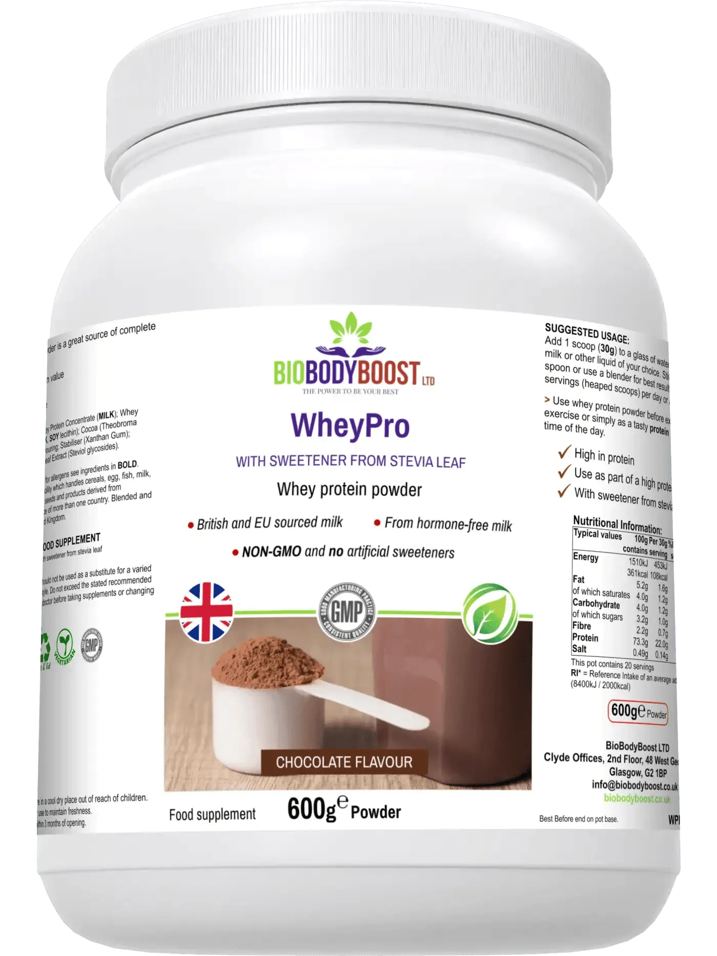 BioBodyBoost Chocolate Whey Protein Powder in 600g container with nutritional information and stevia sweetener