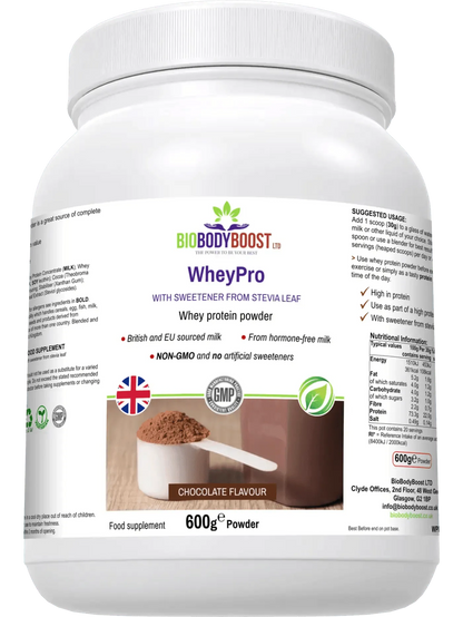 BioBodyBoost Chocolate Whey Protein Powder in 600g container with nutritional information and stevia sweetener