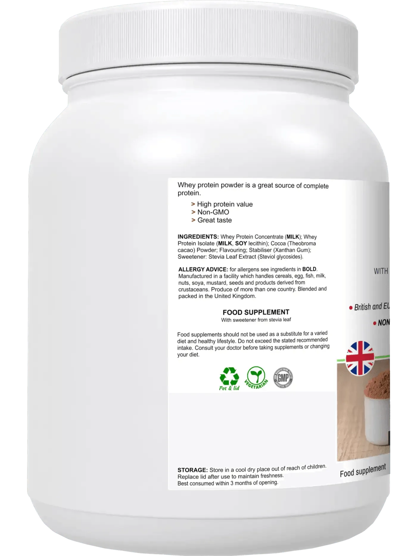BioBodyBoost Chocolate Whey Protein Powder in a white container, offering high protein value and great taste