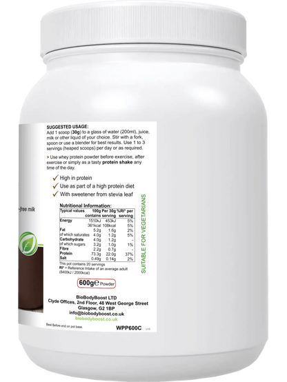 BioBodyBoost Chocolate Whey Protein Powder 600g with high protein and suggested usage instructions