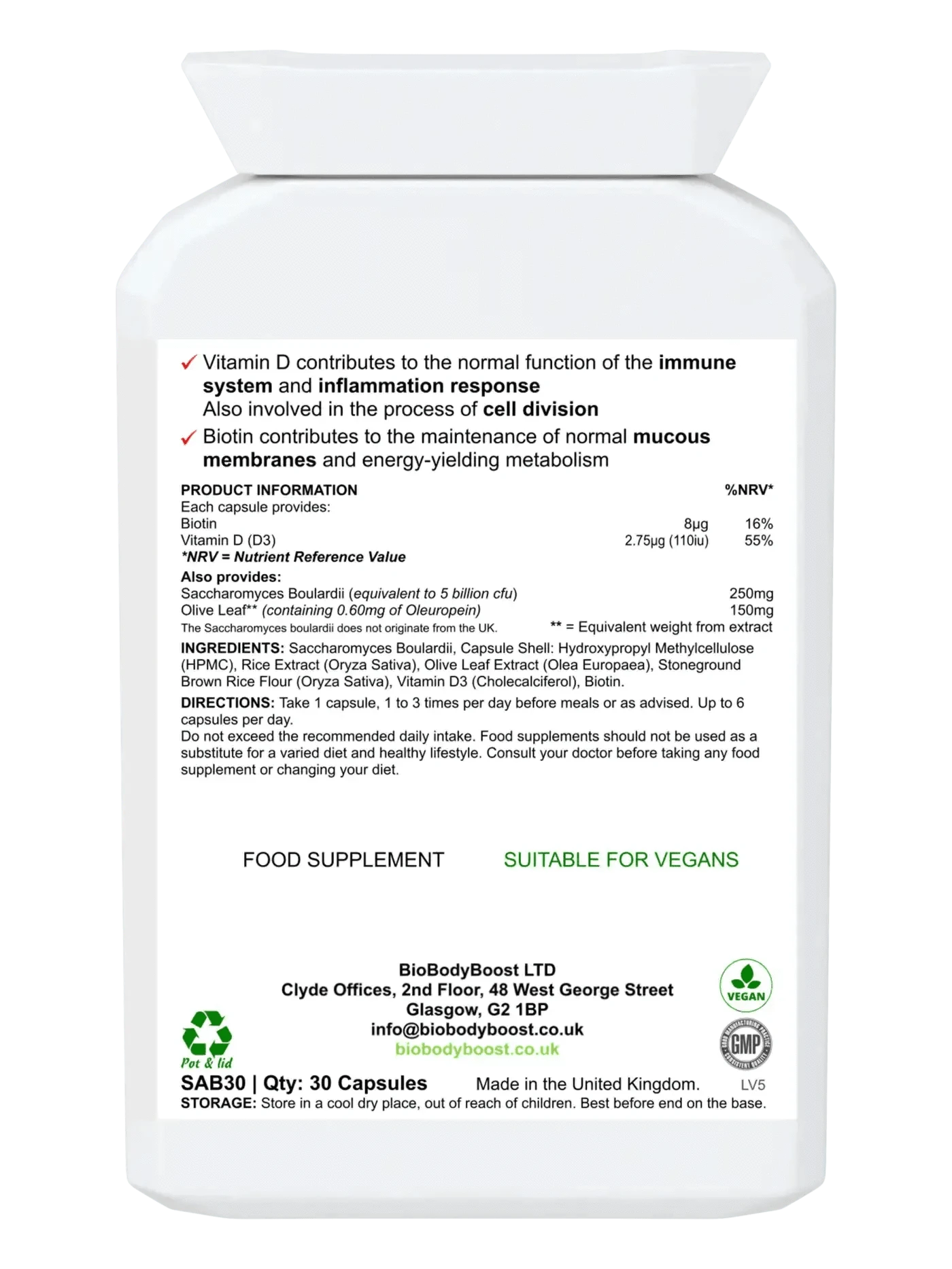 BioBodyBoost Digestive Supplements SaccharoMyTum - Saccharomyces Boulardii & Vitamin D3