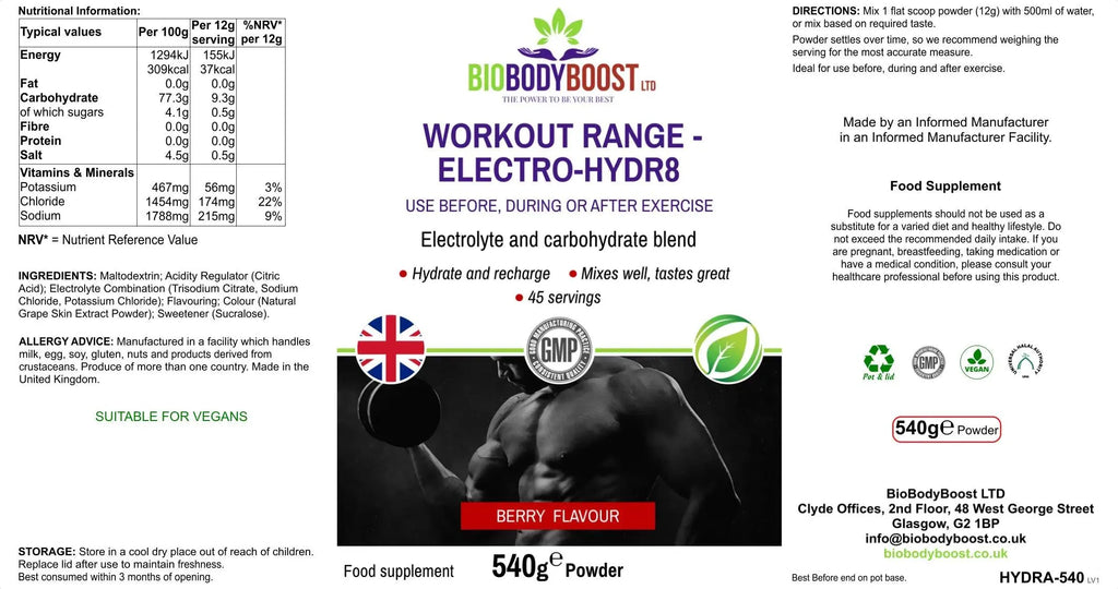 BioBodyBoost Electrolyte Drink Mix in Berry Flavor, 540g for hydration and recovery after exercise