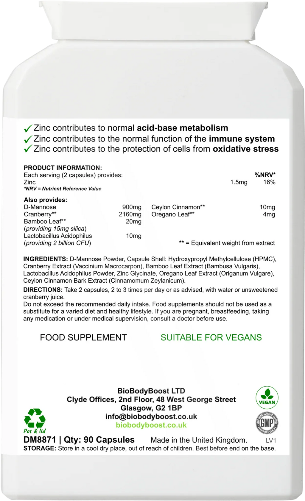 BioBodyBoost Essential Uro-Support supplement back label showing ingredients, directions and nutritional information
