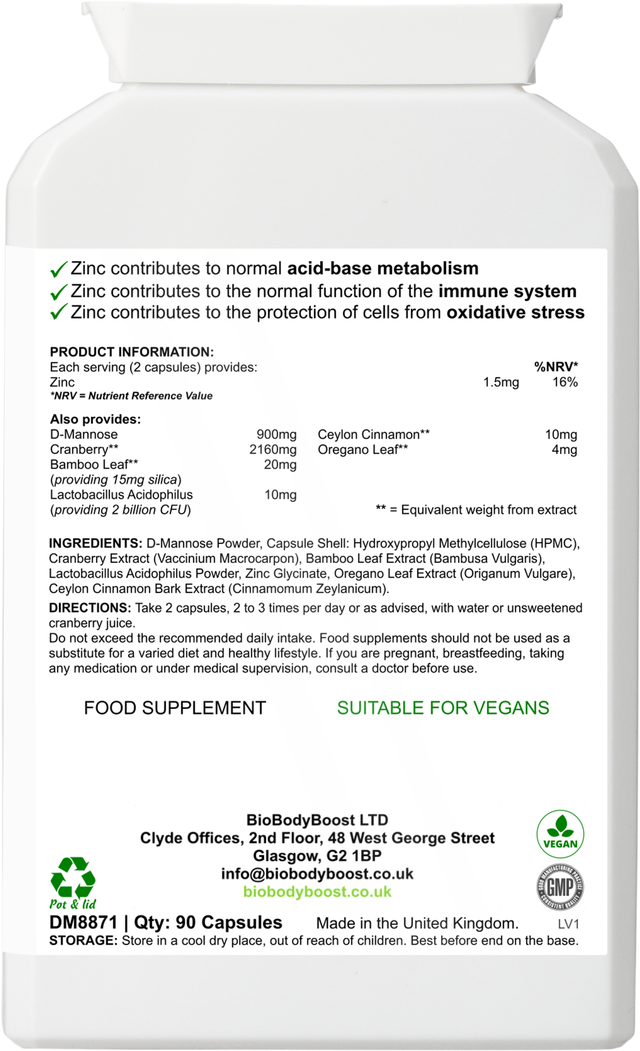 BioBodyBoost Essential Uro-Support supplement back label showing ingredients, directions and nutritional information