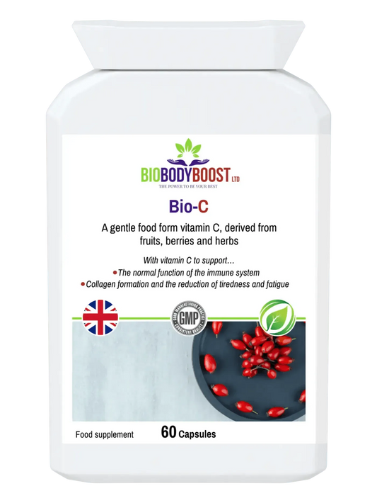 BioBodyBoost Bio-C Food Form Vitamin C in a 60-capsule bottle for immune support and collagen formation