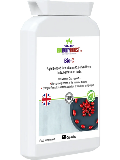 BioBodyBoost Bio-C capsules, a gentle food form Vitamin C for immune support and collagen formation.