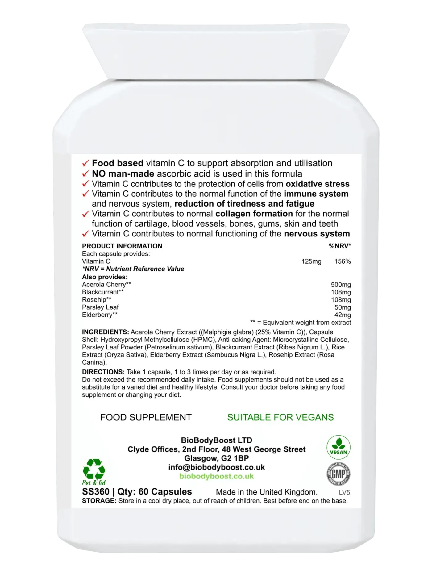 BioBodyBoost Food Form Vitamin C Capsules for Immune Support and Energy Boost in 60 Count