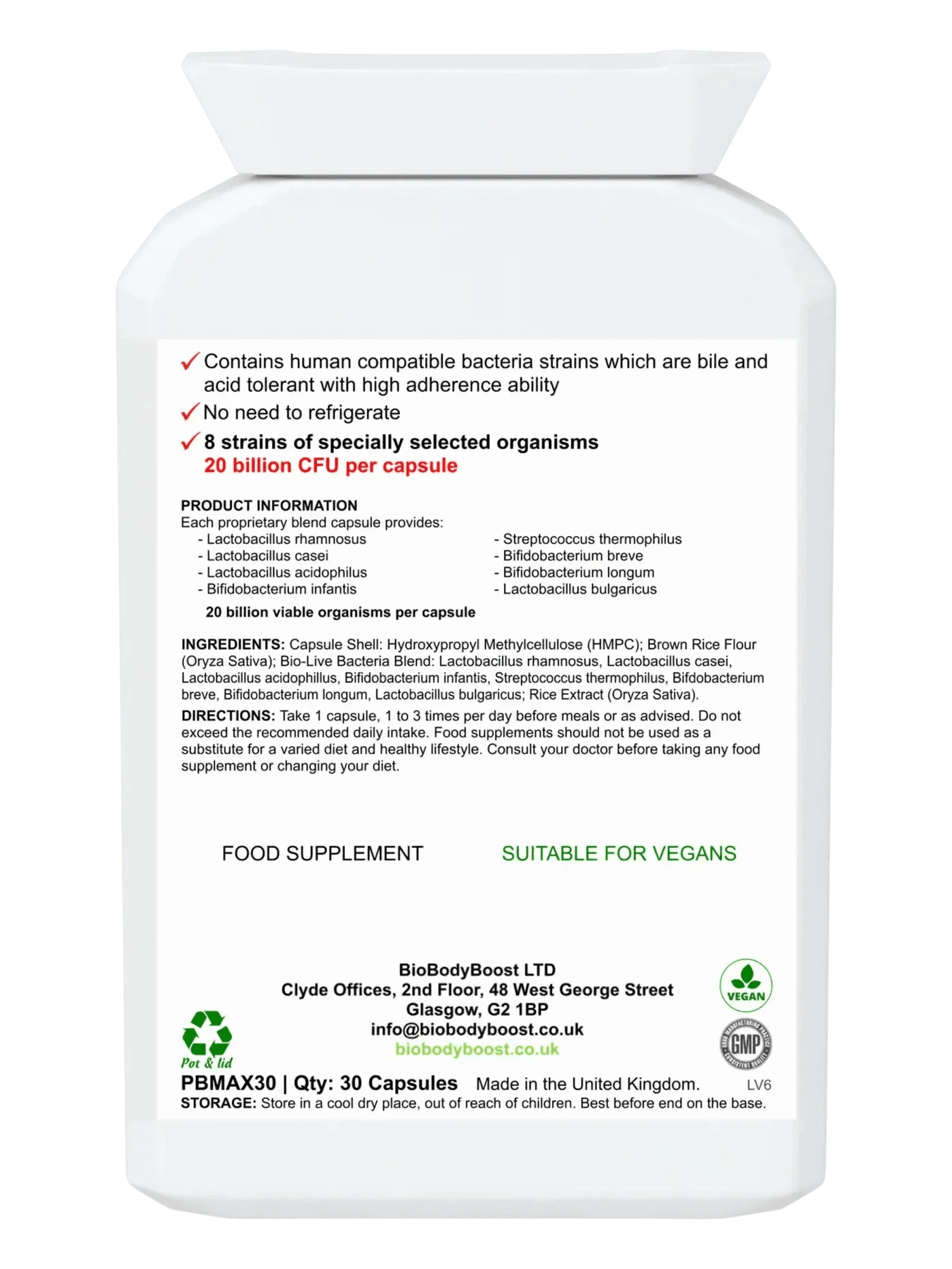 BioBodyBoost Food Supplement BioBodyBoost Vegan Probiotic - 20 Billion Live Cultures