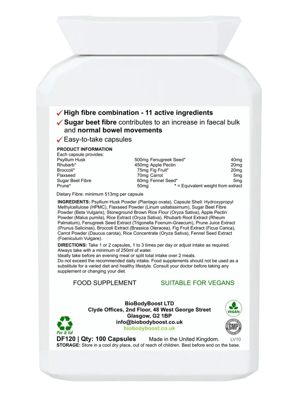 BioBodyBoost Food Supplement FibreFix - Psyllium Husk Dietary Fibre