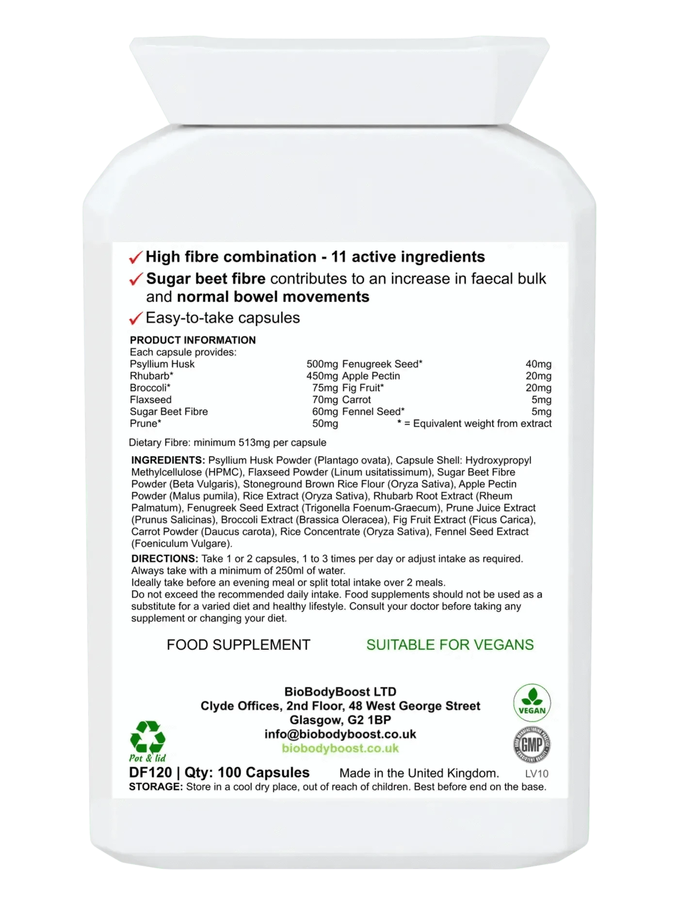 BioBodyBoost Food Supplement FibreFix - Psyllium Husk Dietary Fibre
