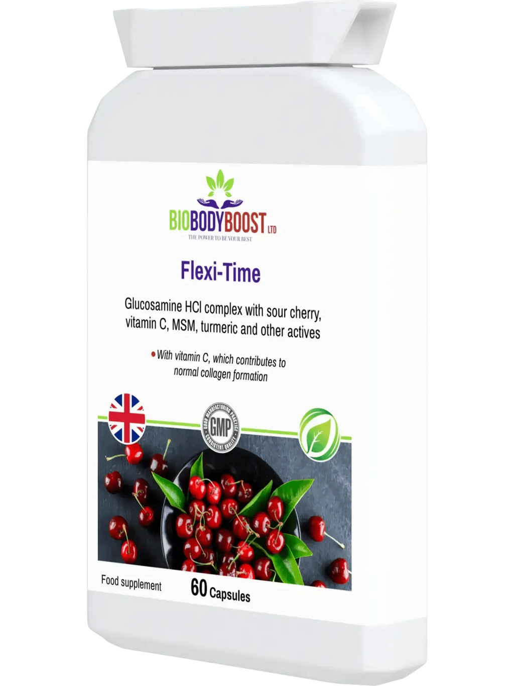 BioBodyBoost Flexi-Time Glucosamine HCL complex with sour cherry and vitamins in a 60-capsule bottle