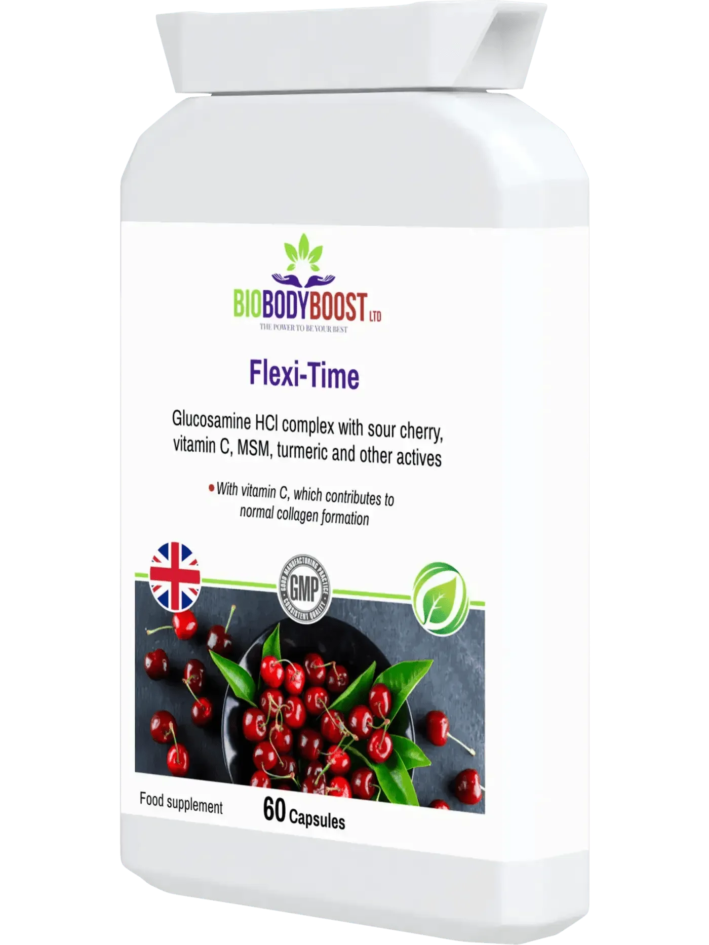 BioBodyBoost Flexi-Time Glucosamine HCL complex with sour cherry and vitamins in a 60-capsule bottle