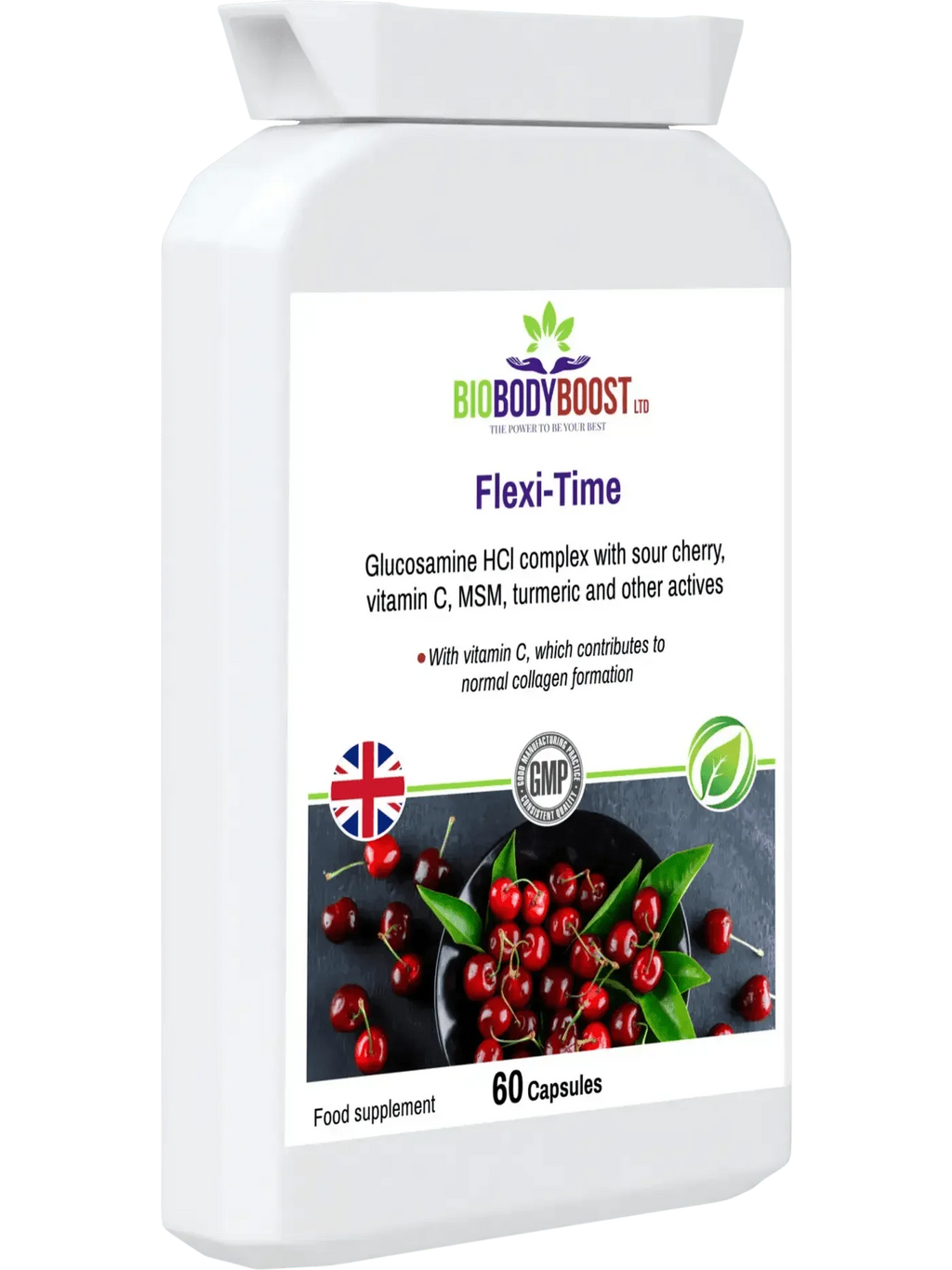 BioBodyBoost Flexi-Time Glucosamine HCL Complex with Sour Cherry, Vitamin C, and MSM in 60 Capsules