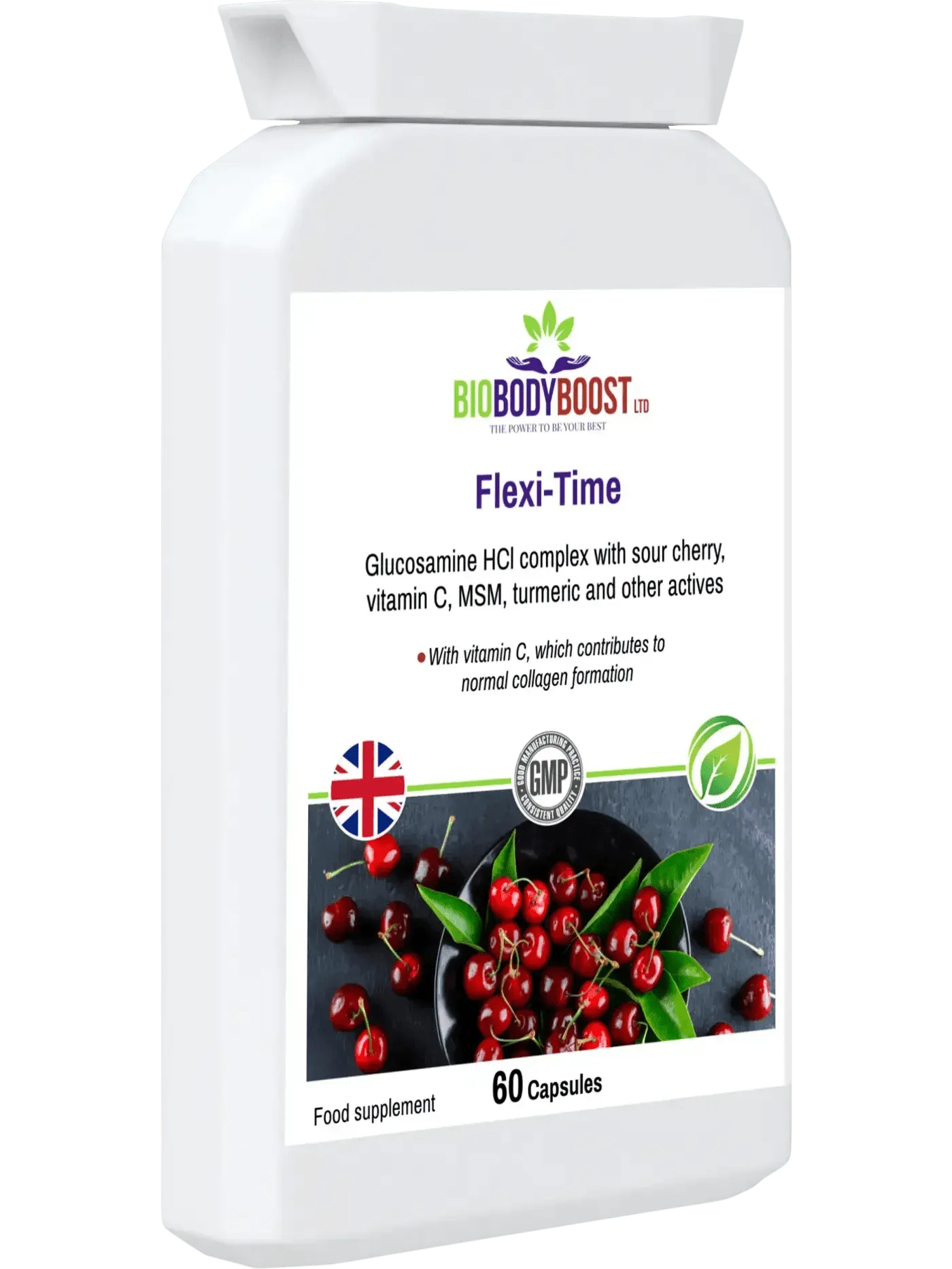 BioBodyBoost Flexi-Time Glucosamine HCL Complex with Sour Cherry, Vitamin C, and MSM in 60 Capsules